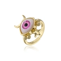 Nahaufnahme von vergoldetem Evil Eye Ring mit lila Pupille und Sternenverzierung - Einstellbar Offen / Lila Pupille Stil (11250)