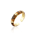 Detailed macro view of gold adjustable ring with leopard enamel and zircon accents - Brown Black Leopard Style (11428)