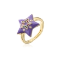 Detail eines 18K vergoldeten Sternrings mit lila Emaille und bunten Zirkonsteinen - Einstellbar Offen / Lila Fünfzackiger Stern (11579)