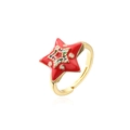 Nahaufnahme von 18K Gold Sternring mit roter Emaille und lebendigen bunten Zirkonia-Details - Einstellbar Offen / Rote Fünfzackiger Stern (11581)