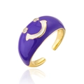 Detail of purple enamel smiley face ring with gold plating and sparkling zircon eyes - Adjustable Open / Purple Smile Face Style (11784)