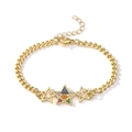 Detail of gold Cuban chain bracelet featuring rainbow zircon star and smiley face charms - Colored Rhinestone Star Smiley Style (30658)