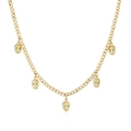 Collana hip hop placcata oro con cinque ciondoli a teschio e occhi verdi - Stile Teschio Dorato (21524)