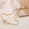 18K gold plated cross bracelet with pink crystals and adjustable sliding box chain for women - Pink Crystal Cross (32065)