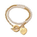 Doppelreihiges 18K vergoldetes Edelstahl-Perlenarmband mit Herzanhänger und OT-Verschluss - Gold
