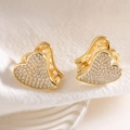 Elegant 18K gold plated heart earrings with pavé zircons and hollow side detailing - Gold Beaded Style (45737)