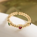 18K gold plated bead ring with heart-shaped colorful zircons and adjustable open band - Adjustable Open / Three-Color Heart Gem Style (14622)