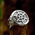 Vintage stainless steel signet ring for men featuring a nautical ship wheel helm design - US Size 7 / Hexagonal Helm (BR8-1268)