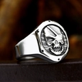 Vintage punk skull signet ring in polished stainless steel with embossed biker shield detail - US Size 7 / Shield Skull (BR8-1266)