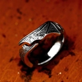 Gothic stainless steel bat wing open ring with vintage silver finish and feather details - US 10 / Bat Wing Style (BR8-1095)