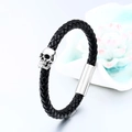 Pulsera de cuero trenzado negro para hombre con calavera de plata y cierre magnético - 18cm / Cuerda de Cuero Única Calavera Única