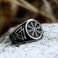 Anello bussola vichinga in acciaio inossidabile da uomo con simbolo Valknut su pietra - Taglia US 7 / Stile Solido Vegvisir (BR8-898)