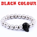 Men's punk beaded bracelet with silver brushed metal beads and black skull charm - 18cm / Black