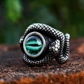 Retro stainless steel snake ring featuring a detailed green evil eye center gemstone - US Size 7 / Green