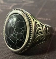 Vintage stainless steel ring for men with oval black stone and engraved silver band - Size 7 / Oval Black Turquoise Texture Style (BR8-1274) / Silver