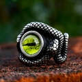 Vintage punk style snake ring with green eye and detailed black stainless steel scales - US Size 7 / Yellow