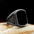 Vintage stainless steel signet ring with square black onyx and engraved braided sides - Size 7 / Woven Plaid Texture Style (BR8-1260) / Silver
