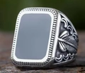 Vintage stainless steel ring with black agate stone and feather engraving patterns - Size 9 / Feather Crescent Moon Style (BR8-1302) / Silver