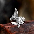 Vintage adjustable stainless steel angel wing feather ring with antique finish - US Size 12 / Angel Wings Style (1098)