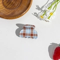 Close-up of blue and brown checkered hair claw clip on a white leather background - Blue Brown Plaid Hair Claw-4.5cm Semicircle