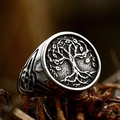 Vintage stainless steel Tree of Life signet ring with silver and black textured finish - US Size 7 / Tree of Life Style (1099)