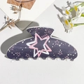Detail of greyish-purple hair claw clip with star patterns and Star text on white leather - UV Printed Square Head-Cream White 166-1