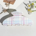 Detail view of large blue plaid hair claw clip with pink bow patterns on white background - UV Printed Square Head-Cream White 167-1