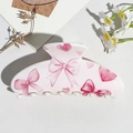 Detail of pink half-round hair claw clip with sweet bow and heart pattern prints - UV Printed Square Head-Cream White 169-1