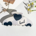 Detail of a semi-circle hair claw clip with blue heart patterns and heart text design - UV Printed Square Head-Cream White 170-4