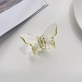 Detail der transparenten Schmetterlings-Haarklammer mit goldener Feder und Textur - Grasgrün