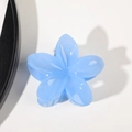 Detailed top view of a glossy blue frangipani flower hair claw clip on a white background - Jelly Sky Blue
