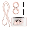 Flat lay of pink satin heatless hair curler set with scrunchies and storage bag - Extended Satin Ivory White