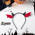 Detail view of Halloween devil headband with black horns and red felt bat wings for parties - Horn Red Wings Style