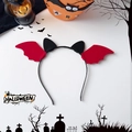 Detail of a Halloween devil bat headband with red wings and black ears for party dress-up - Large Horn Red Wings Style