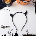 Detail view of black devil horn headband for Halloween party with festive spooky props - Black Small Horn Style