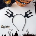 Top view of black devil trident headband with Halloween pumpkin and bat decorations - Black Fork Style
