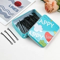 Forcine per capelli nere ondulate in scatola di metallo blu con nuvole e decoro floreale - Ondulato - Happy