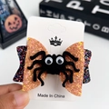 Halloween orange glitter bow hair clip featuring a black velvet spider decoration - Duck Clip-Big Eyed Spider