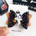 Glittery Halloween bow hair clip featuring a cute white ghost and pumpkin ornament - Duck Clip-Resin Ghost