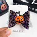 Sparkly Halloween sequin bow hair clip with orange pumpkin charm for party decor - Duck Clip-Resin Pumpkin
