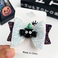 White sequin bow hair clip with black resin spider for Halloween party hair styling - Duck Clip-Resin Spider
