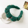 Detail of green fleece headband with colorful rhinestones and bubble-style puff design - Teddy Plush With Rhinestones / Green