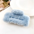 Detail view of the soft light blue plush square hair claw clip with fluffy texture - Sky Blue