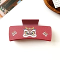 Detail of red shark hair clip featuring traditional lion dance embroidery on leather texture - Chinese Style Lion Dance Red (1#10.5cm Square Clip)