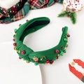Christmas wide headband in dark green fabric with pearls, stars and knotted design - Alloy Snowflake - Green