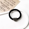 Detail of high-elasticity black knitted hair tie with crystal heart-shaped alloy pendant - Heart Pendant / Black