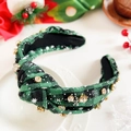 Christmas plaid headband with green snowflake pattern and champagne rhinestones - Green Rhinestone Christmas Headband