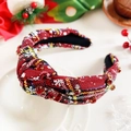 Plaid Christmas headband in dark red knit fabric with snowflakes and red crystals - Rhinestone - Red Yellow