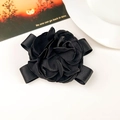 Detail of elegant black satin rose hair claw clip with multi-layer fabric flower petals - Fabric / Black Duckbill Clip
