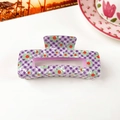 Detail of purple plaid hair claw with floral pattern and hollow acetate structure - 10.5cm Square / Plaid Floral Purple
